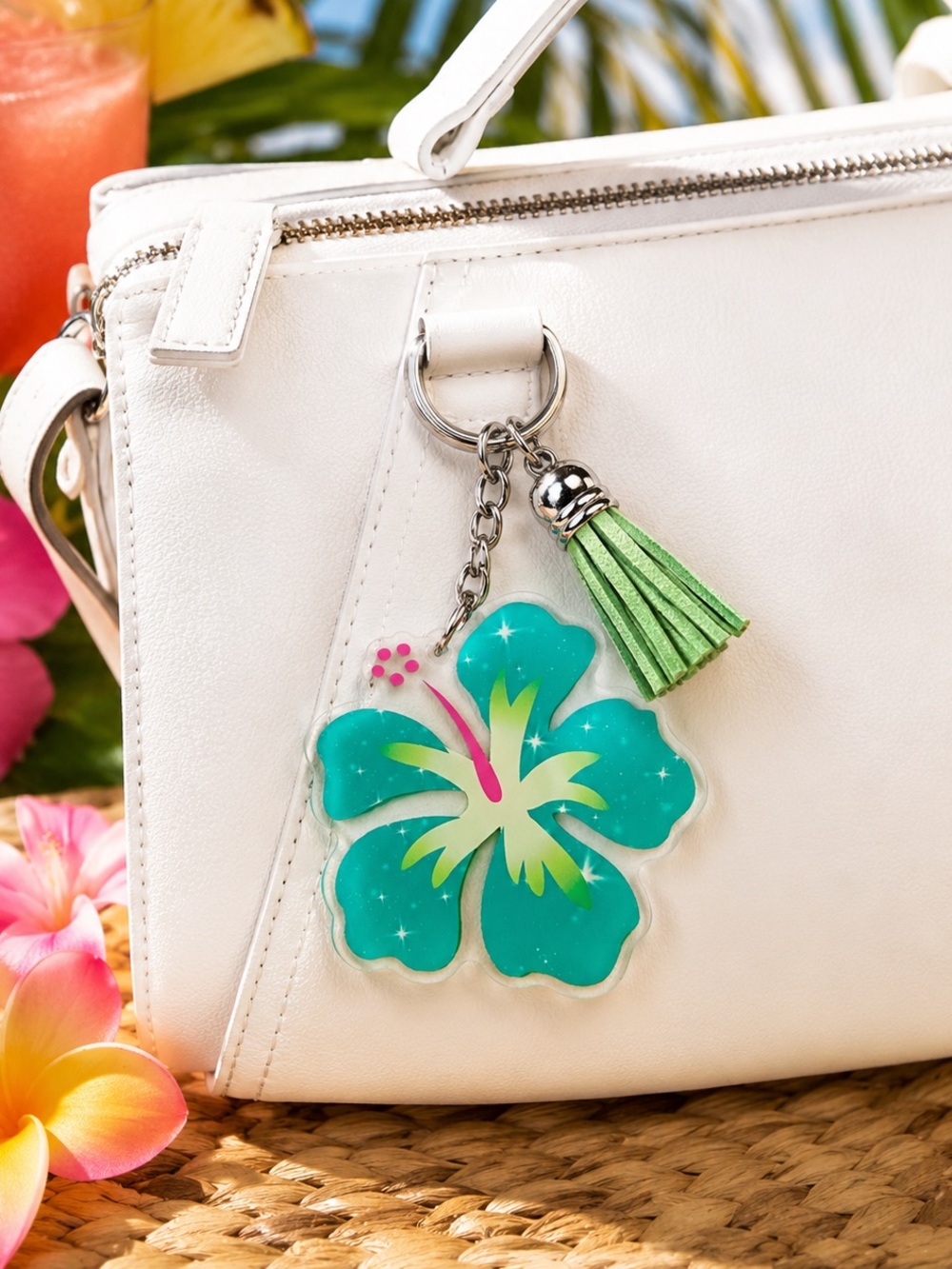 🌸 Teal Flower Keychain / Bag Charm with Lime Tassel